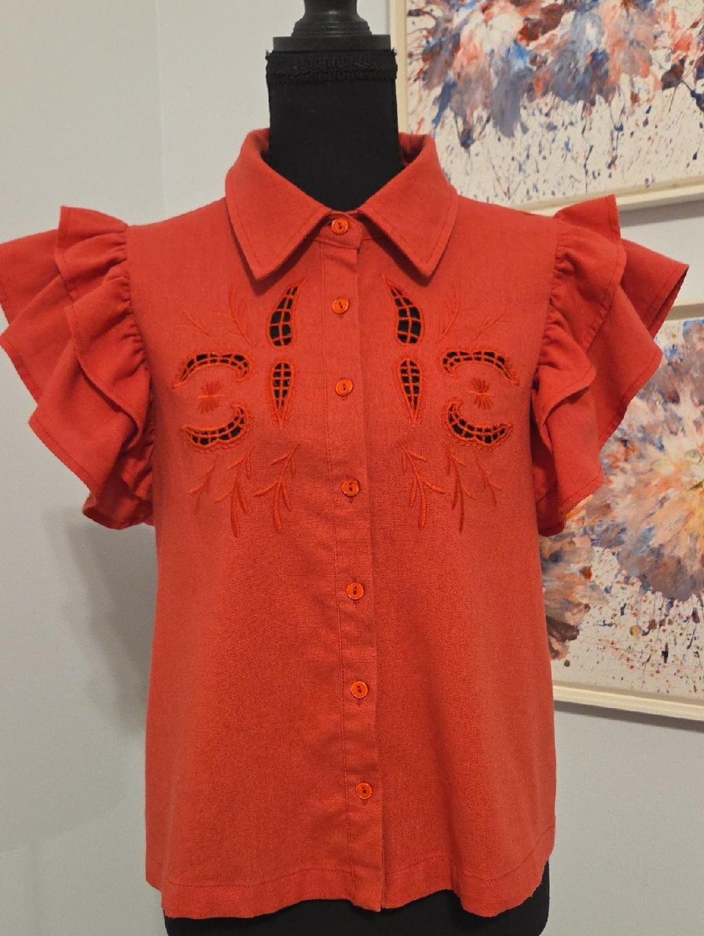 Ruffled Sleeve Eyelet Button-Front Top in Burnt Coral